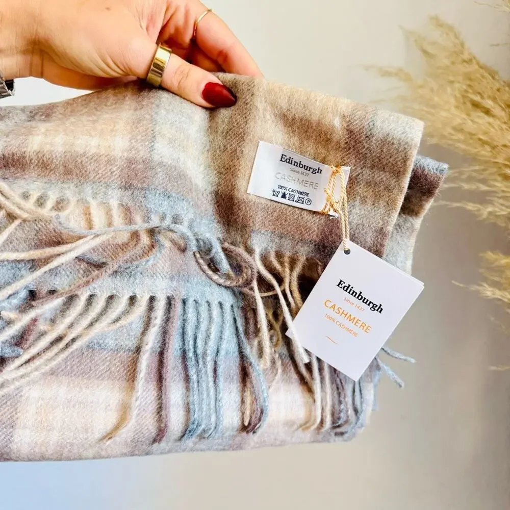 NEW EDINBURGH Beige Soft Blue Tan Cashmere Tartan Plaid Tassel Cozy Scarf Wrap